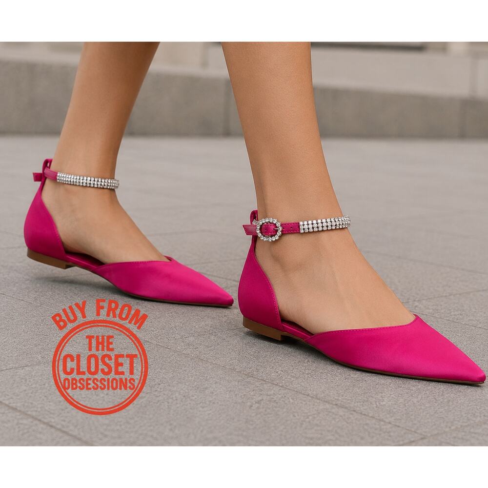 MANGO Fuchsia Satin Rhinestone Pointed Toe Flats NWT Barbiecore Shoes - Picture 6 of 16